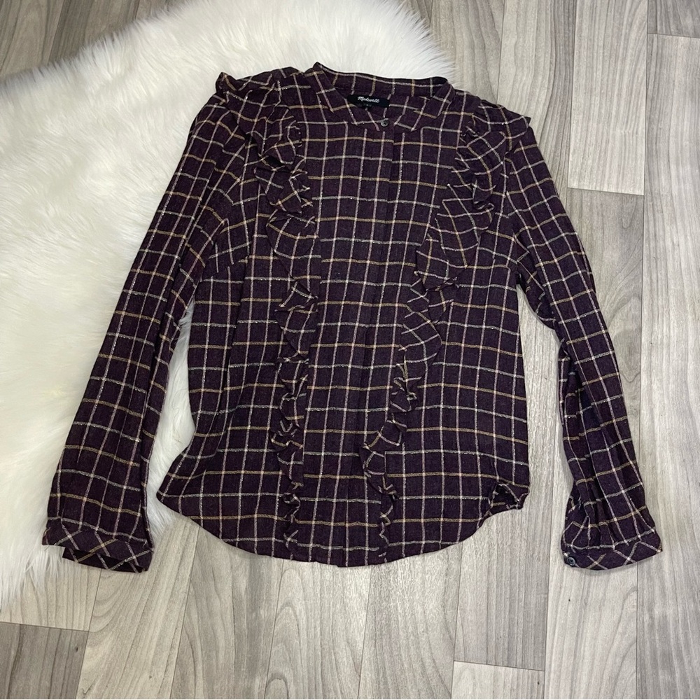 Madewell size small button down long sleeve flannel shirt maroon metallic stripe